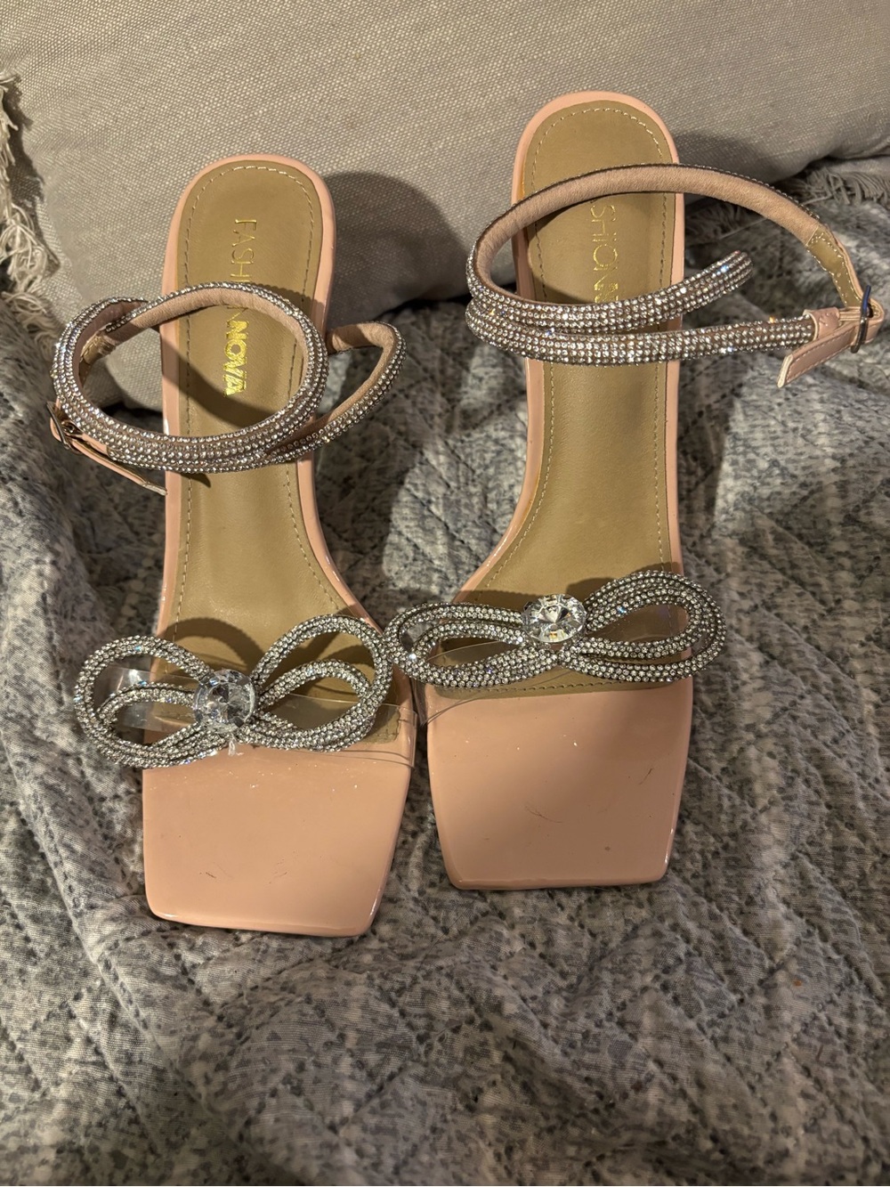 Fashion Nova Pink Rhinestone Bow Ankle-Strap Heels